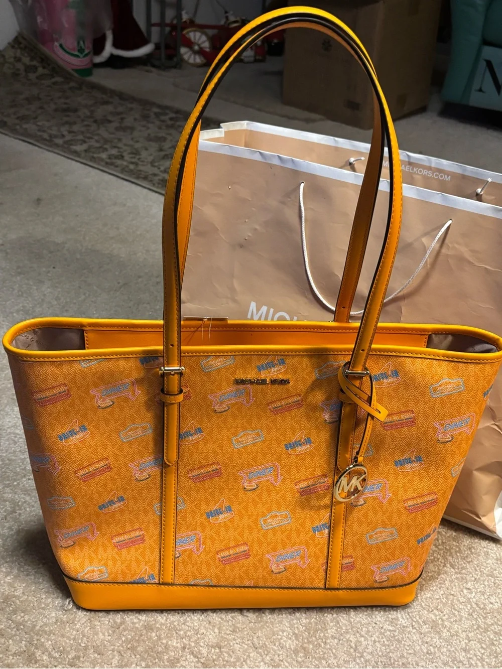 Michael Kors Yellow Signature Tote with MK Charm and Multicolor Accents